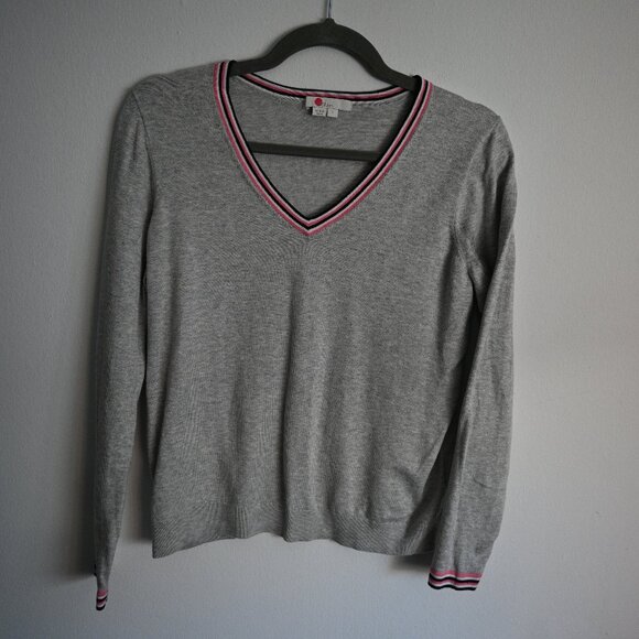 Boden V-Neck Sweater – Light Gray with Striped Trim – Small - Picture 1 of 11